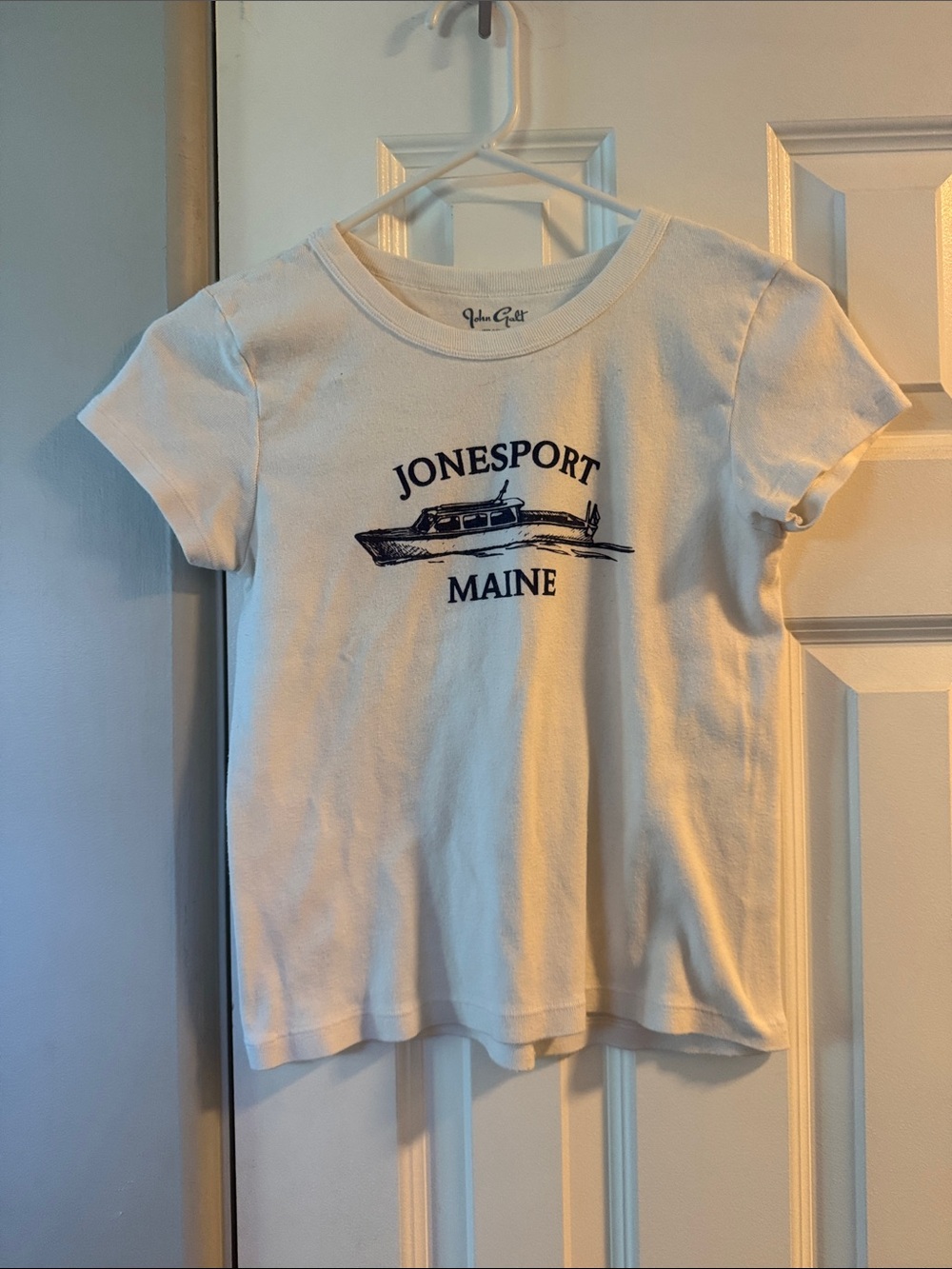 Brandy Melville White Tee with Navy Boat Graphic